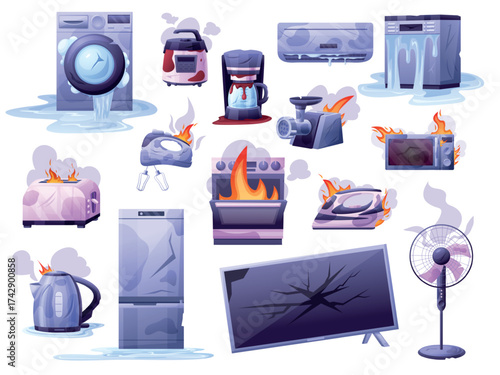 Damaged home electronics. Broken house appliances, different gadgets in fire and water. Burning microwave, iron, teapot, nowaday vector set