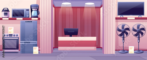 Cartoon home appliances store. Tech shop with kitchen tools, coffee maker, refrigerator, microwave oven. Tv screen and fans on display, nowaday vector scene