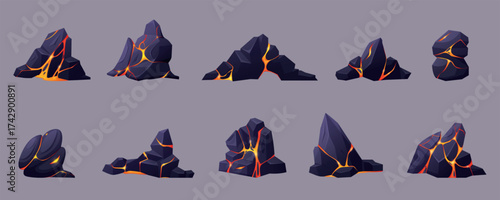Cartoon volcanic rocks. Stones with fire liquid in cracks. Magma glowing in mointains, brocken cracked rock with red hot flows, nowaday vector set