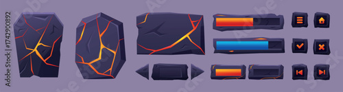 Lava ui game elements. Cracked stones buttons with hot magma flows. Volcanic rocks textures. Web interface menu design, progress bars, nowaday vector clipart