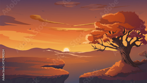 Vector illustration of a view of mountains from a distance and a sunset illuminated by orange light and decorated with beautiful clouds