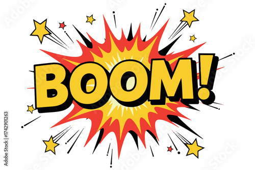 The word boom in bold yellow comic book style lettering with a red and yellow starburst explosion effect, isolated on transparent background