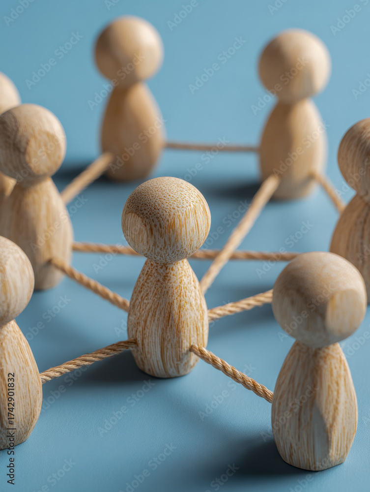 Obraz premium Wooden figures connected with ropes forming a network symbolizing teamwork collaboration and interconnected communication on a blue surface background