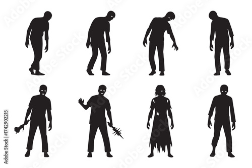 Silhouette collection of various zombie figures in different poses, isolated on transparent background
