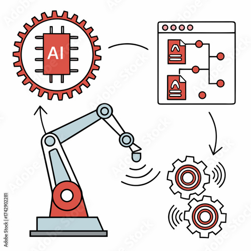 Illustration of an ai chip within a gear connected to a robotic arm and a software interface with gears