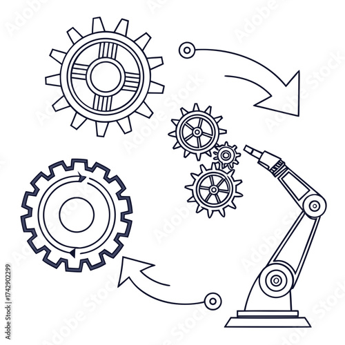 Illustration of gears with arrows and a robotic arm in a technical diagram style design concept