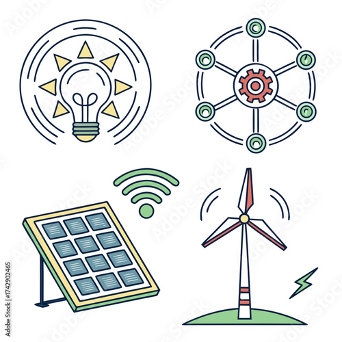 Illustration featuring renewable energy sources including solar panels wind turbine and light bulb concept