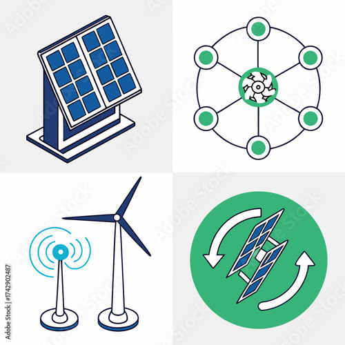 Illustration of renewable energy sources including solar panels wind turbines and circular network design