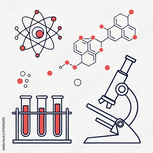 Illustration of science equipment including atom model molecules test tubes and a microscope shown together