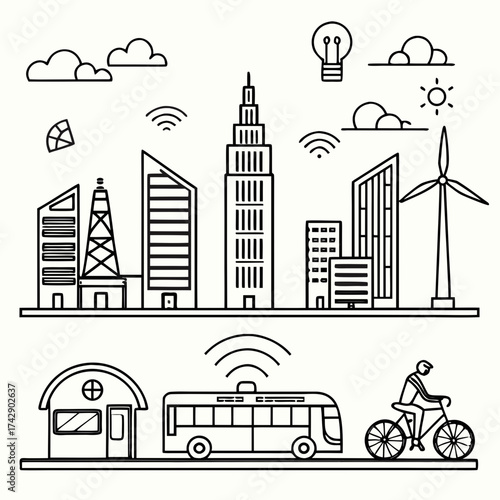 Illustration of a modern city skyline with buildings, transportation, and renewable energy sources shown