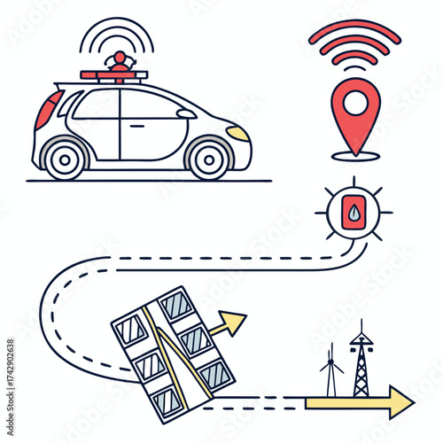Autonomous vehicle driving on a road with gps location and renewable energy sources shown in the image