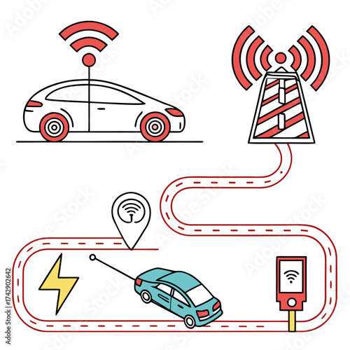 Illustration of autonomous vehicles communicating with infrastructure on a winding road network design