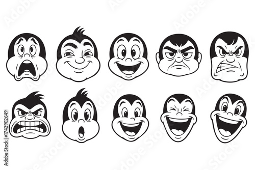 Compilation of cartoon faces displaying a wide range of exaggerated emotions and expressions, isolated on transparent background