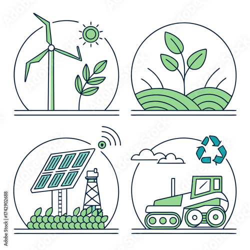 Four circular icons depicting sustainable practices including wind power solar energy and recycling method