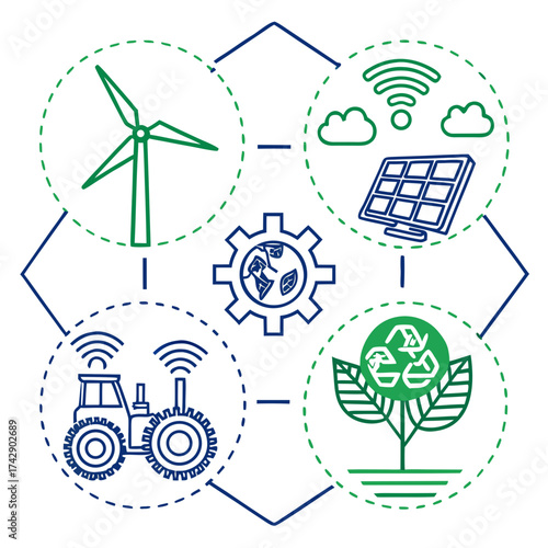 Illustration depicting sustainable energy sources and eco friendly technology integration concept art