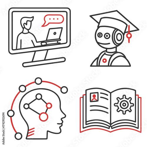 Illustrations depicting online learning ai education human mind and book knowledge with red accents
