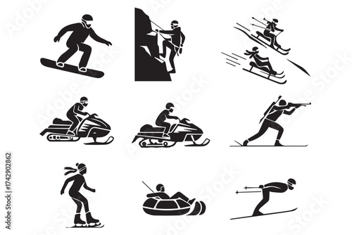 Collection of winter sport icons including snowboarding, rock climbing, sledding, snowmobiling, biathlon, ice skating, and skiing isolated on transparent background