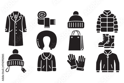 Assortment of winter clothing and accessories, including coats, hats, scarves, gloves, and bags, isolated on transparent background