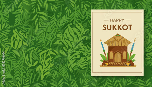 Sukkot holiday greeting card with palm trees and green background, vector  
