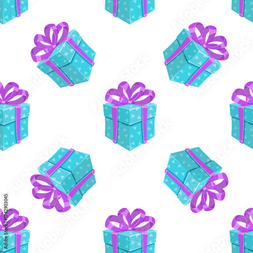 Cartoon gift box seamless pattern with ribbon and bow. Present boxes bring birthday surprise and party joy. Suitable for festive wrapping, holiday decor, celebrations.