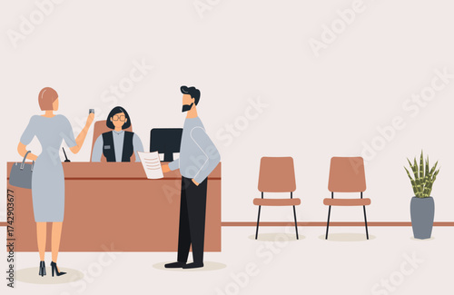 Business people in bank office.Employee in behind counter serve customer.Client stand in hall and talk to clerk.Vector flat illustration