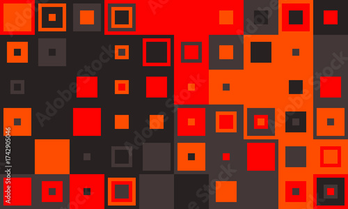 Abstract geometric background. Vibrant red and orange squares on a dark background create a dynamic, modern design. Ideal for presentations, websites, or any project needing a bold, contemporary feel.