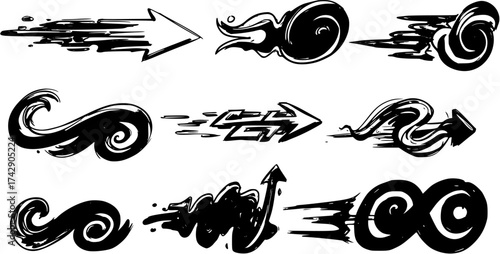 Dynamic Hand-Drawn Arrows  Speed Motion Effects. Black  White Abstract Graphic Elements with Swirls, Splatters, and Flowing Shapes. Vector Illustration Set.