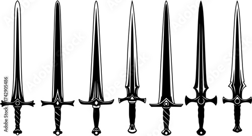 Vector Silhouette Medieval Fantasy Swords Collection. Detailed Graphic Set of Eight Ancient Weapon Designs with Varying Blades, Guards, and Pommels.