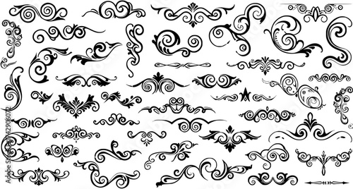 Vector Set of Ornate Swirls, Flourishes, and Decorative Dividers. Elegant black ornamental scrollwork and vintage border elements for classic design.