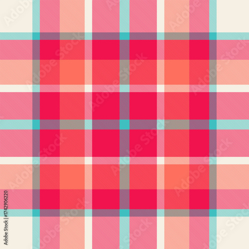 Vibrant plaid pattern. Textile design with a classic grid structure. Suitable for fashion, backgrounds, or festive layouts. Creates a warm and cheerful feel.