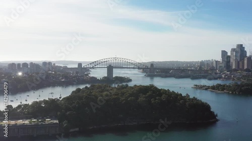 Sydney harbour scenic coast heads around city CBD waterfront in aerial panorama.
