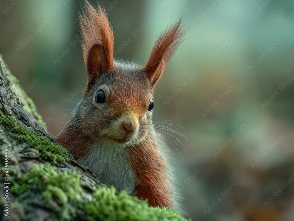 Fototapeta premium Close-up of a curious squirrel with expressive eyes and tufted ears peeking from a moss-covered tree trunk in a lush forest setting