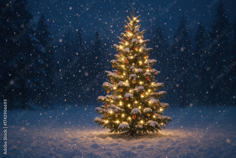 custom made wallpaper toronto digitalBeautiful Snowy Japanese Night Scene with a Christmas Tree Illuminated by Warm Lights Creating a Magical and Peaceful Winter Landscape