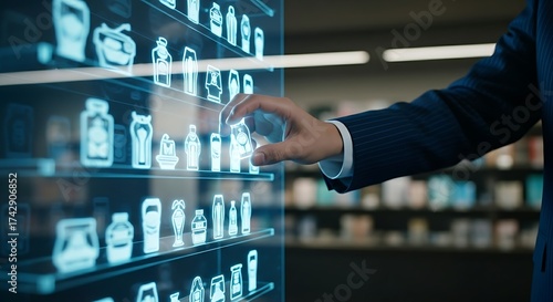 Autonomous checkout concept. A customer's hand simply picks a product from a holographic shelf and walks out; payment is automatically debited.