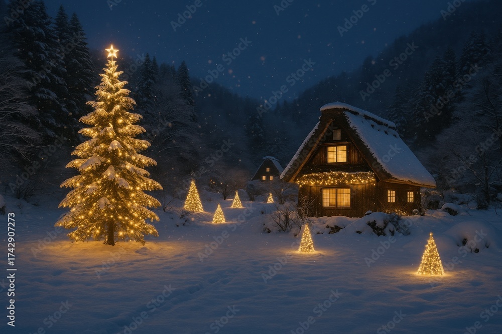 Fototapeta premium Snowy Japanese Landscape Illuminated with Christmas Lights Creating a Magical and Peaceful Winter Night Scene Perfect for Festive Backgrounds