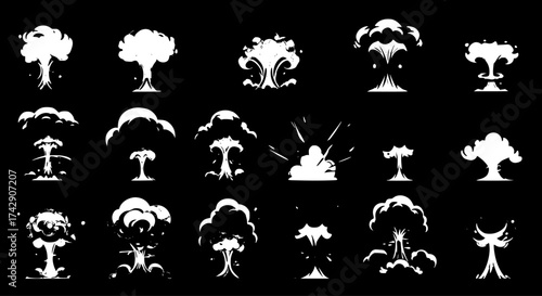 Set of Diverse Cartoon Explosion Effects and Mushroom Clouds in White on Black Background, Ideal for Game Animation Sprites or Graphic Design Elements