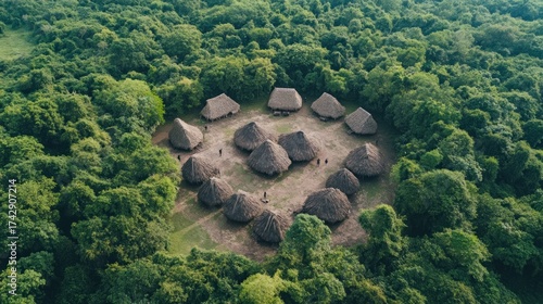 Indigenous village nestled within lush rainforest.  Circular layout of traditional huts