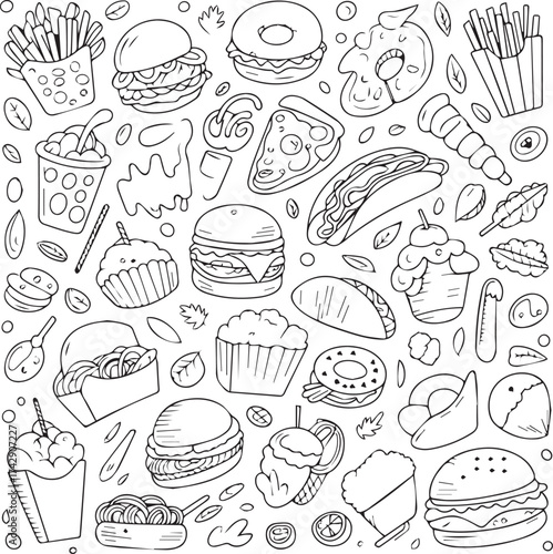 Wallpaper Mural Hand Drawn Fast Food Doodle Pattern in Black and White Torontodigital.ca