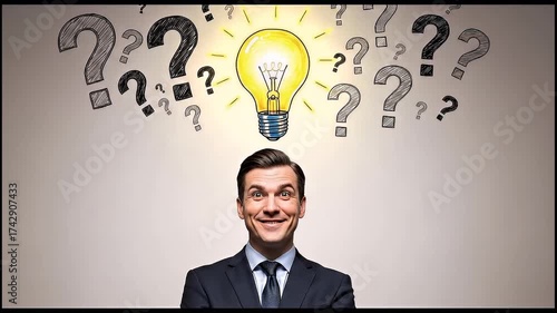 Businessman with lightbulb idea and surrounding queries concept	