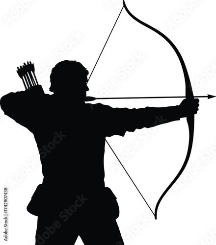 Archery silhouette illustration with bow and arrow, dynamic sports and precision skill concept artwork for tradition and lifestyle design