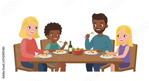 Happy Family Enjoying Spaghetti Dinner Together at Home.