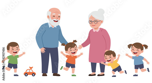 Cartoon Grandparents with Grandchildren Playing Together Happy Family.