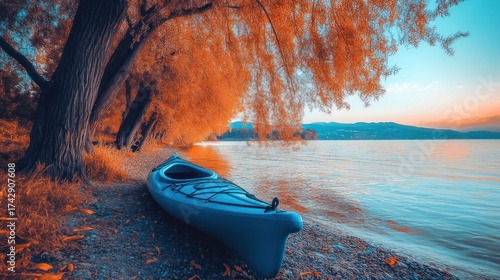Lakeside kayak on autumnal shore