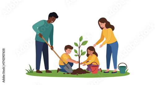 Family Planting a Tree Together Illustrative Style Environmental Awareness.