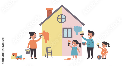 Family Painting a House Together with Brushes and Colorful Paint.