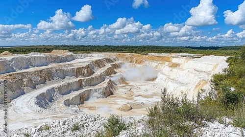 Large open-pit quarry under a partly cloudy sky