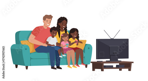 Cartoon Family Watching Television Together on Blue Sofa.