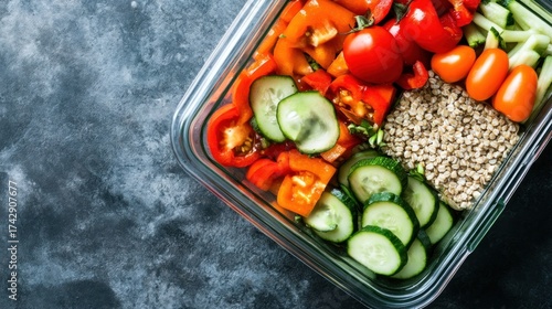 Healthy meal prep container with colorful vegetables and quinoa