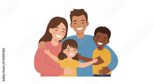 Happy Cartoon Family Portrait with Diverse Members Embracing.