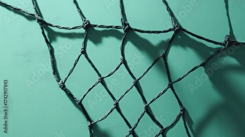 Close-up of a fishing net against a mint background.  Intricate knots and woven patterns create a textured surface.  Shadows cast by the net enhance the visual depth